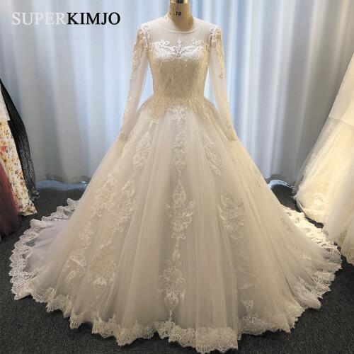 SuperKimJo Vestido De Noiva 2020 Boho Wedding Dresses Long Sleeve Lace Applique Beaded Elegant Bridal Dress Wedding Gown