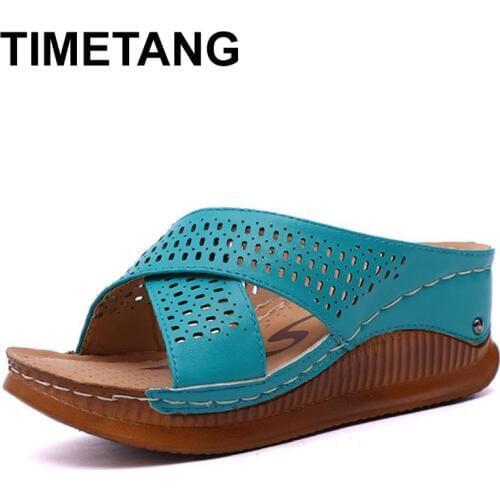TIMETANGNewest Women Wedge Slipper Rome Platform Hollowing Casual Comfortable Summer Women Mother Peep Toe Soft Shoes Size 35-40