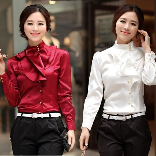 2020 Women Chiffon Long Sleeve Shirt & Blouse Feminine OL Formal Ruffle Puff Sleeve Royal Satin Tops & Shirt Plus Size 3XL