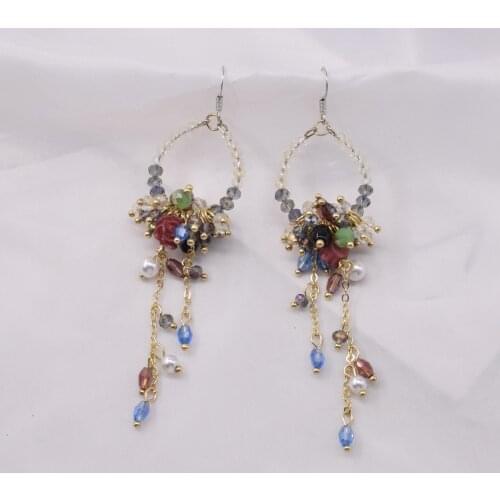 Japan And South Korea Crystal Tassel Earrings Color Gem Fashion Long Retro Sweet And Cute Flower Pendant Ear Jewelry Female