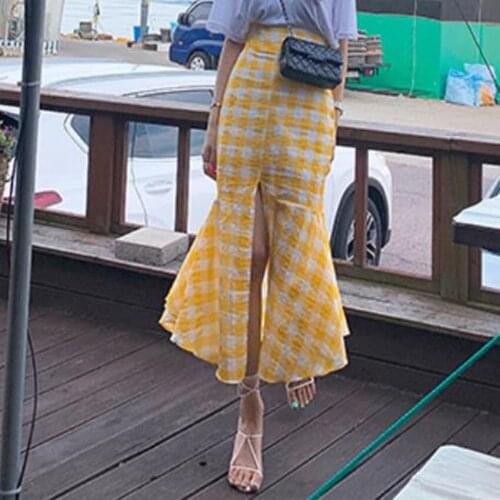 2021 summer vintage plaid mermaid skirt women high waist cotton linen package hip split skirt