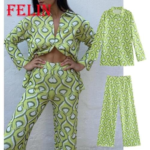 Za 2021 Women Chic Green Geometric High Waist Pants Vintage Wide Leg Long Trousers Stylish Streetwear Pants