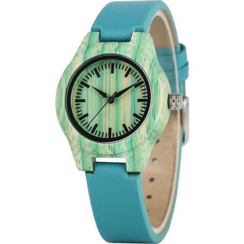 Mint Green Stripes Wooden Watch Womens Wristwatch PU Leather Watch Strap Elegant Stylish Ladies Watches reloj femenino New 2019