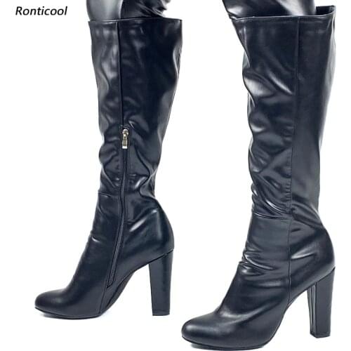 Ronticool New Arrival Handmade Women Winter Knee Boots Side Zipper Block Heels Round Toe Black Casual Shoes Plus US Size 5-20
