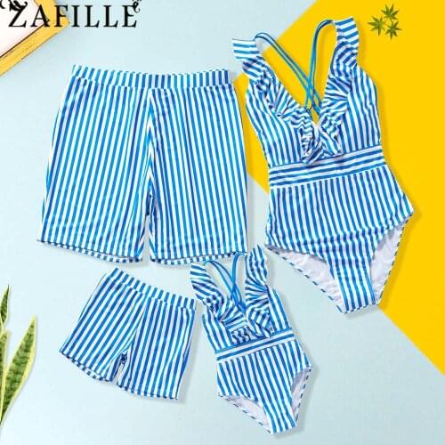 ZAFILLE Striped Women Swimwear 2021 Girls' Swimsuit Ruffle Female Swimsuit ladies Family Swimsuit Swimming Trunks for Boy Men
