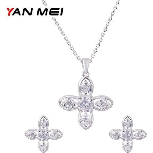 YAN MEI Fashion Religion Necklace Earrings Cross Pendant Clear Cubic Zirconia Jewelry Sets Women Christmas Gift GLD0460