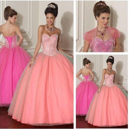 Full Beading Quinceanera Dresses with jacket 2016 Ball Gowns Hot Pink Sweetheart vestidos de 15 anos cheap quinceanera gowns