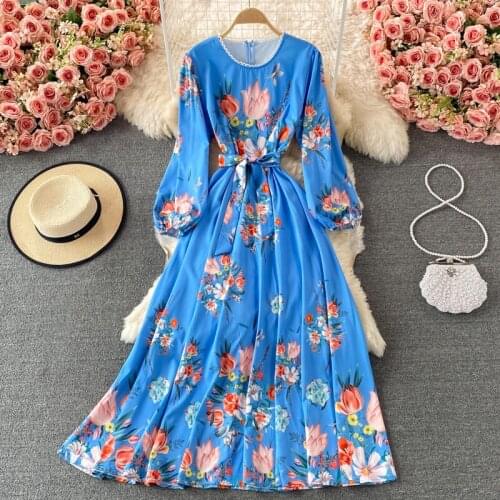 2021 Spring And Autumn Clothing Retro Lace Up Waist Women Slim Temperament Printed Round Neck Dress Long Sleeve Vestidos zh1600