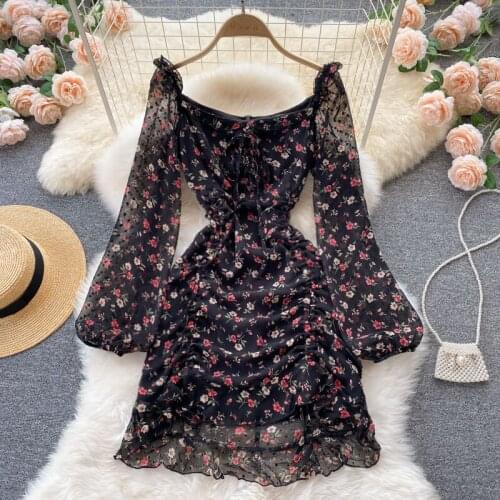 SINGREINY Women Chiffon Floral Dress Long Sleeve Square Collar Slim Ruffles Dresses Autumn Elegant French Boho Print Short Dress