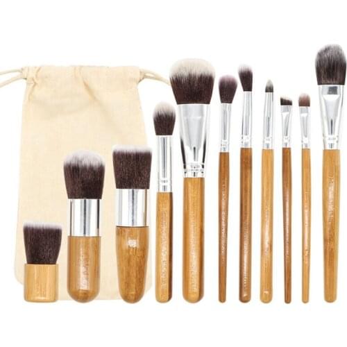 11 Sticks Of Bamboo Handle Makeup Brush Foundation Eye Shadow Makeup Brush Portable Professional Brush Set