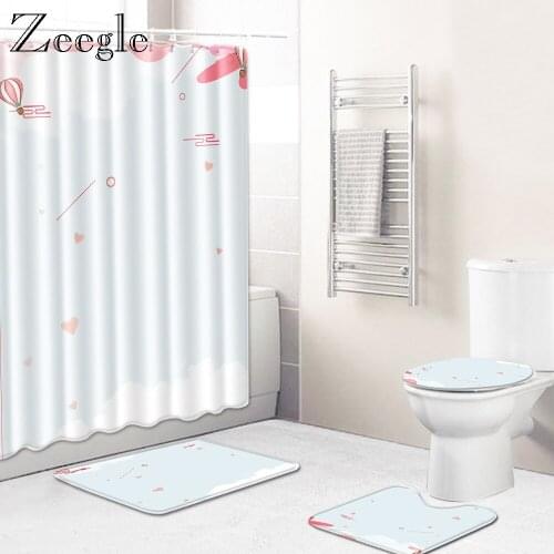 Zeegle 4pcs Bath Mat Set Modern Anti Slip Bathroom Toilet Cover Seat Mat Bathroom Doormat Toilet Pedestal Rug Bathroom Curtain