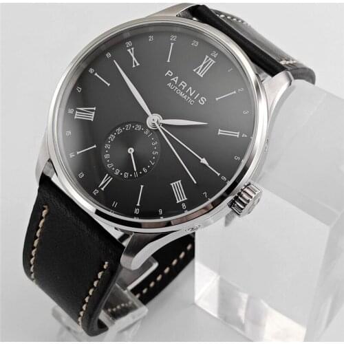 42mm Parnis Black Dial Leather Strap Sea gull Automatic GMT Wrist Watch gentilhomme W2575