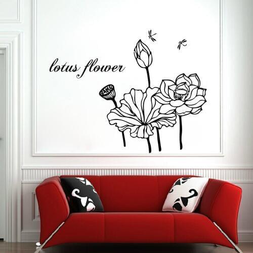 Black Calligraphy Lotus Flowers Wall Decal Living Room Bedroom Self Adhesive Wallpaper Home Decor Wall Mural Poster Wall Sticker