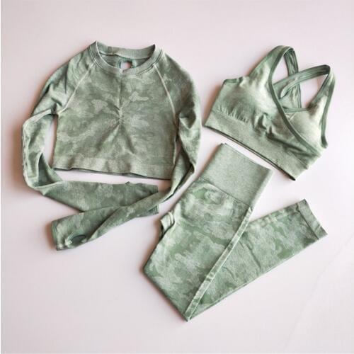 Camo Seamless Yoga Set Sports Wear Women Fitness Clothing Gym Leggings+Sport Bra+Long Sleeve Crop Top Sports Suits