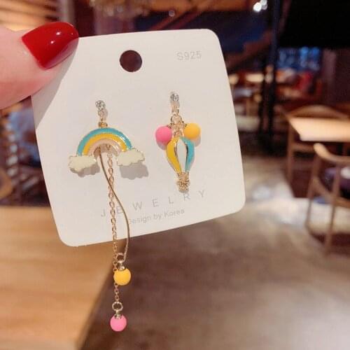 Korean Cute Rainbow Cloud Earrings For Women Exquisite Rainbow Pendant Earrings Fashion Asymmetrical hot air balloon Jewelry