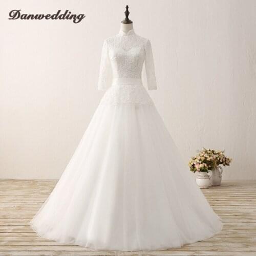 New Models A-Line Wedding Dress High Collar 3/4 Long Sleeve Tulle Lace Beaded Plus Size Bridal Dress Illusion Back Wedding Gown
