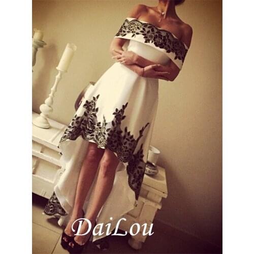 A-Line Cap Sleeve Off-the-Shoulder Asymmetry Appliques Satin Chiffon High Low Prom Dress 2021