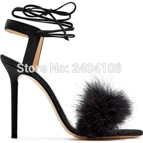 Shooegle Fashion Designers Summer Shoes Women Stiletto Sandalen Open Toe Fluff Strappy Thin High Heels Lace Up Black Fur Sandals