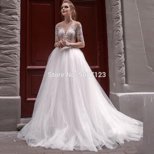 Half Sleeves Wedding Dresses A Line Tulle Lace Appliques Scoop Zipper Bridal Wedding Gown Plus Size Vestido De Noiva