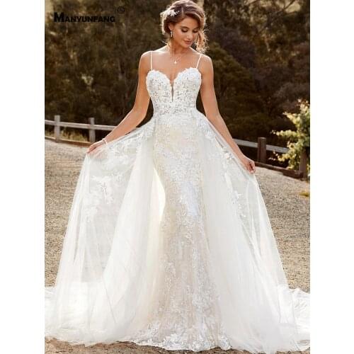 Elegant Spaghetti Straps Embroidery Appliques Tulle Sweetheart Neck Mermaid Wedding Dress Custom Made Sleeveless Bridal Gown