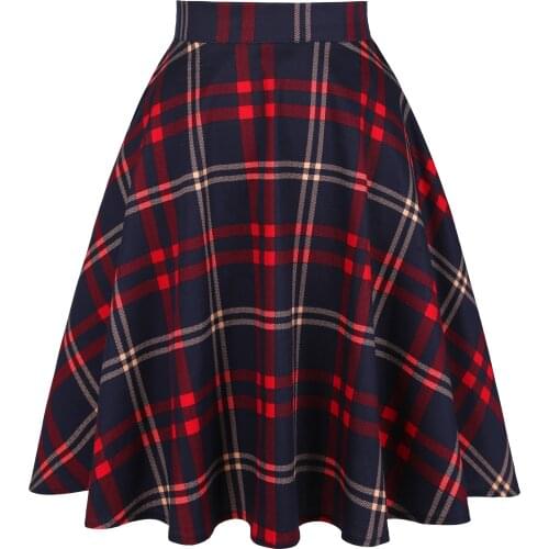 Checkered Cotton Womens Midi Skirts High Waist Pin Up Hepburn Retro Vintage Swing 50s 60s Rockabilly Plaid Jurken Skater 2020