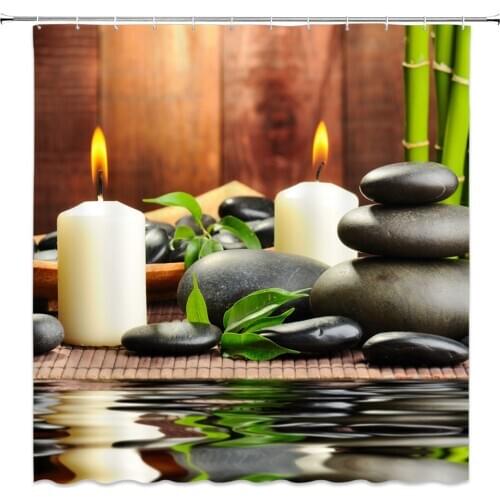 Japan Zen Style Shower Curtains Green Bamboo Volcanic Stone Spa Backdrop Bathroom Decor Home Bathtub Polyester Fabric Curtain