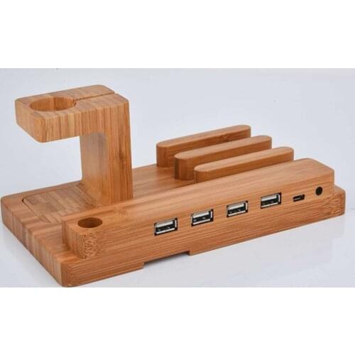 4 USB Ports 3 in 1 Phone Watch Disassemble Bracket Charging Dock Stand Station Bamboo Base Charger Holder For Smartphone Tablet