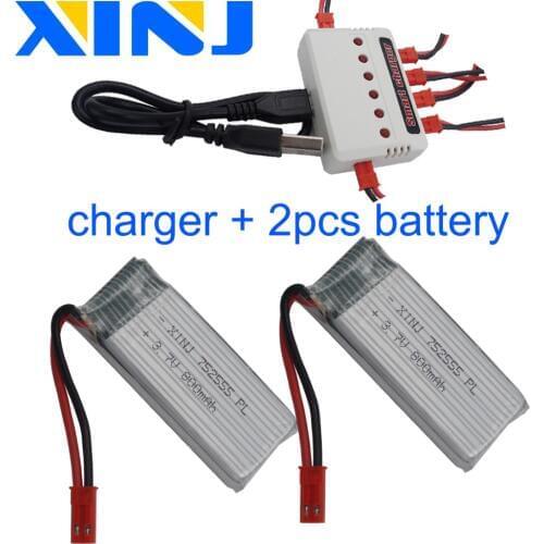 XINJ Charger+2pcs 3.7V 800 mAh 25C Lithium Polymer Rechargeable battery for JJRC H11C H11D RC Quadcopter Drone 752555