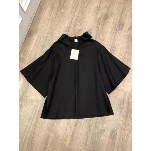 Women Shirt 2020 Summer Pullover Five-point Sleeve V-neck Loose Blouse Black Shirt