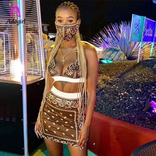 Bandana Paisley Women Skirts Set Halter Deep V Neck Bra Top High Waist Bodycon Skirt Sexy Backless Night Club Party 2 Piece Set