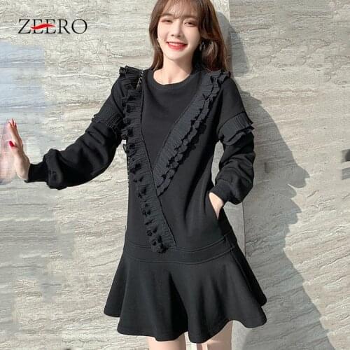 Female Plus Cashmere Mini Fishtail Dresses Autumn Winter Korean Women Casual Loose Lantern Sleeve Splicing Ruffle Pullover Dress