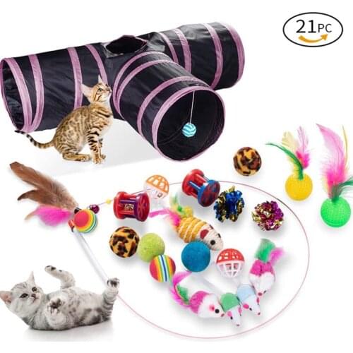 21 Pcs Cat Toys Kit Collapsible Tunnel 3 Holes Indoor Kitten Cat Feather Teaser Wand Mice Balls Bell Pet Teeth Clean Fun Channel