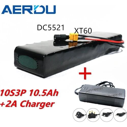 AERDU 10S3P 36V 10.5Ah 18650 Rechargable Li-ion Battery Pack for Electric Bicycle Motorcycle Scooter with BMS DC XT60+2A Charger
