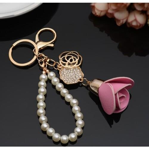Flower Rose keychain key Ring Leather Tassel Rhinestone Link pendant car key chains Lady bag fashion charm flower Party Gift
