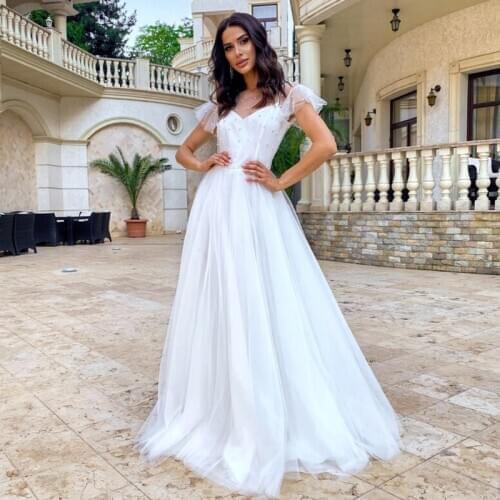 Eightale Vintage Wedding Dress with Pearls Cap Sleeves O-Neck A-Line Boho Wedding Gowns Tulle Bridal Dress vestido de noiva