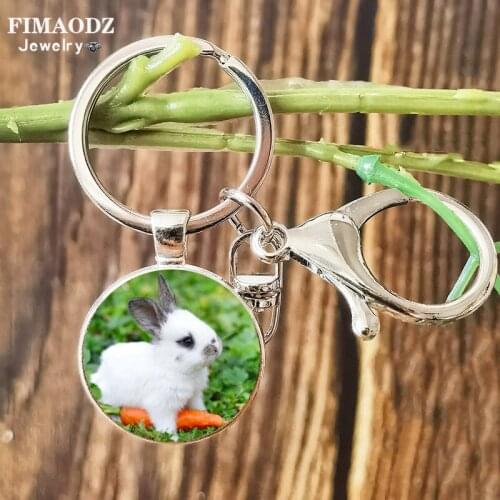 FIMAODZ Cute Animal White Rabbit Keychain Glass Cabochon Lobster Pendant Boys Girls Women Bag Charm Keyring Accessories