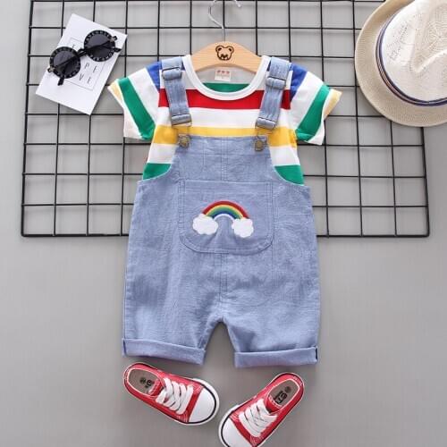 Toddler Baby Boys Girls Clothing Sets Cute Kids Rainbow Stripe Tops T-shirt Bib Pants Outfits Set Short Sleeve Casual Soft Set