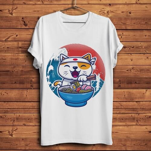Cute Maneki neko lucky cat love ramen funny anime tshirt men new white casual short sleeve t shirt unisex streetwear hipster tee