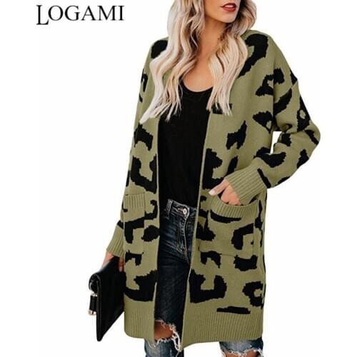 LOGAMI Long Cardigan Women Leopard Knitted Casual Sweaters Autumn Winter Pocket Coat Female Cardigan
