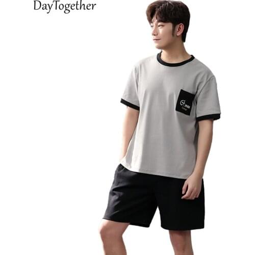 Summer Mens 100% Cotton Pajamas Sets Short Sleeve Shorts Home Sleepwear