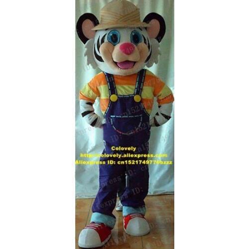 Lovely White Tiger Tigerkin Tigress Mascot Costume Fancy Dress Pink Triangular Nose Orange Shirt Blue Jean Overalls No.6363 FS