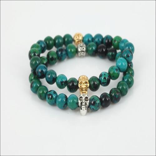 Fashion gold/silver color skull head men charm stretch bracelet natural 8mm phoenix green round gem stone beads women bracelet