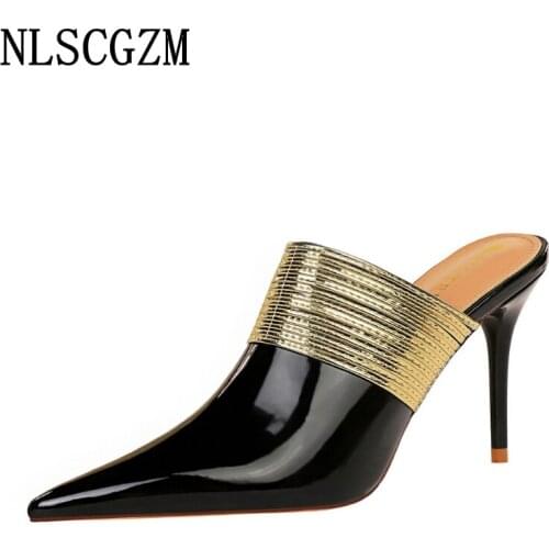 Mules Shoes Women Patent Leather Slippers Women Summer 2021 High Heels Woman Slippers Pumps Women Shoes Ladies Slippers Zapatos