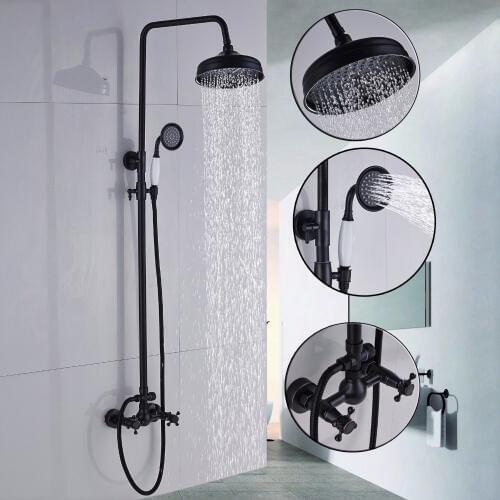 Wall Mounted Bathroom Rainfall Shower Faucet Set Oil Rubbed Bronze 8" Rain Shower Head + Hand Sprayer Dual Cross Handles KD210