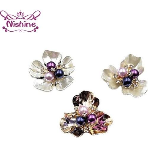 Nishine 10 PCS Imitation Shell Pearl Flower Metal Buttons DIY Wedding Invitations Decorate Buckle Hair Accessories Embellishment