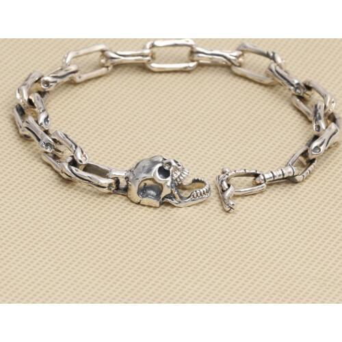 NEW! Handcrafted 925 Silver Link Skull Chain Bracelet Vintage Sterling Silver Skeleton Bracelet Real Pure Silver Man Bracelet