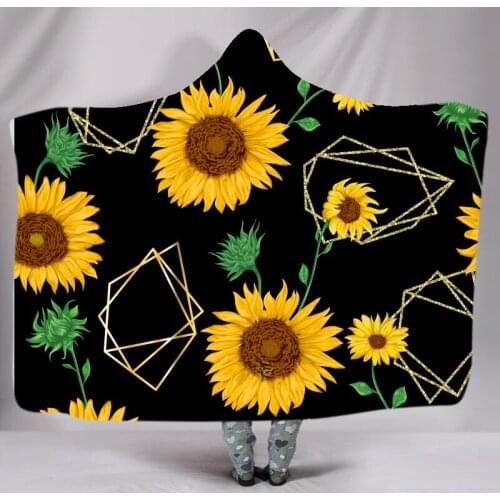 Sunflower Hooded Blanket for Adults Floral Pattern Sherpa Fleece Wearable Warm Plush Throw Blanket on Bed Sofa