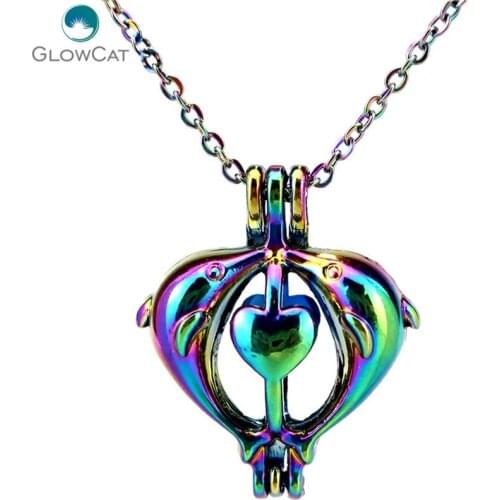 C14 Rainbow Color Lovely Dolphin Heart Cage Pendant Aroma Essential Oil Diffuser Locket Necklace
