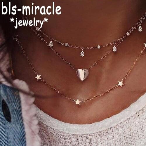 2018 New Boho Gold Color Heart Star Necklace For Women Choker Minimalist Crystal Beads Chain Multi Layered Necklaces Jewelry