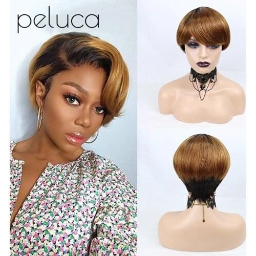 Peluca Short Wigs 100% Human Hair Honey Blonde Ombre Color Afro Brazilian Wig With Bangs Pixie Cut Peru For Black Women Hair Hot